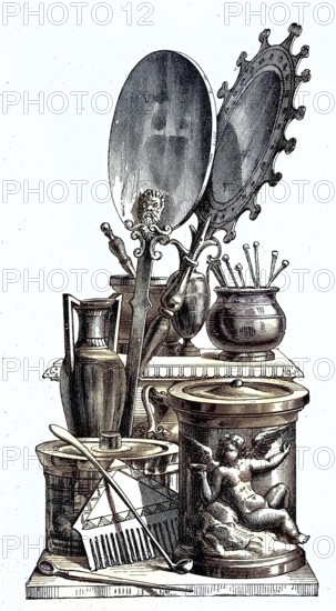 Toilet equipment from ancient Rome, hygiene articles, Italy, illustration from 1894, reproduction, digitally enhanced, historical