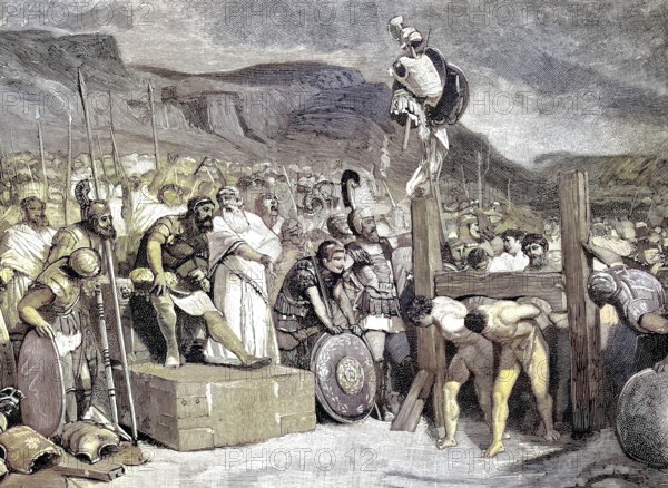 Battle of the Caudine Forks, 321 BC, a decisive event of the Second Samnite War. Romans forced through the Caudine Yoke, Caudine Yoke, Humiliation, Illustration from 1894, Reproduction, digitally enhanced, Historical