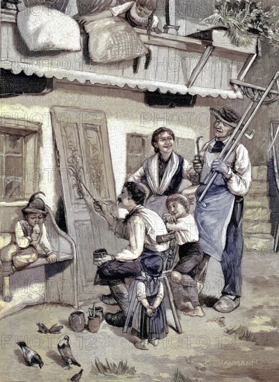 Peasant painting, a man paints a decoration on a door in a farmhouse, Tyrol, Austria, traditional art, artist, illustration from 1894, reproduction, digitally enhanced, historical