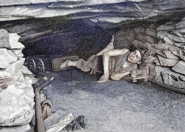 Mine, mining of slate, copper slate, transport with a lorry or mine cart, mine in Mansfeld, near Goslar, Germany, illustration from 1894, reproduction, digitally enhanced, historical