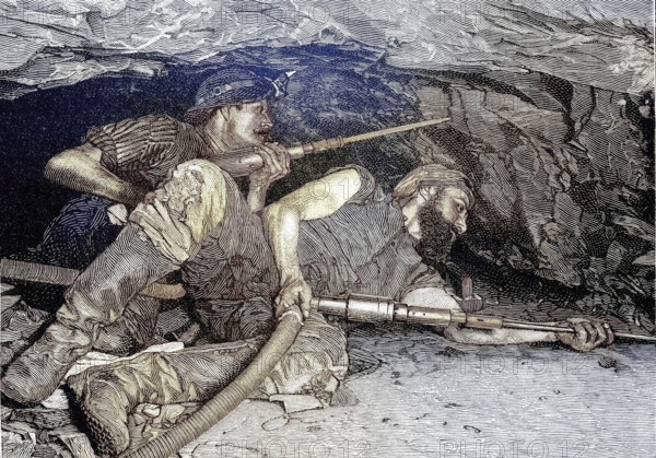 Mine, mining of slate, copper slate, miners, removal, with chisels, mine in Mansfeld, near Goslar, Germany, illustration from 1894, reproduction, digitally enhanced, historical