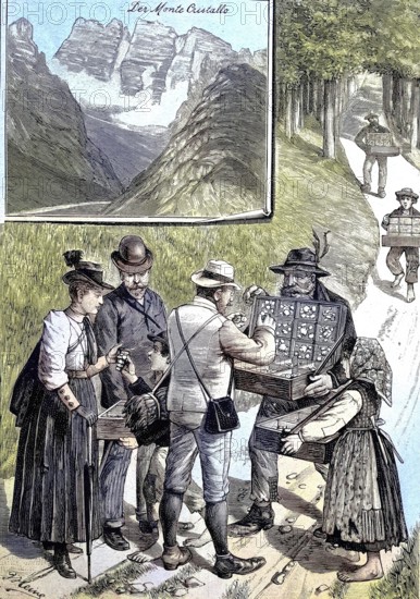 Monte Cristallo, crystal mountain, a mountain in the Italian Dolomites, north-east of Cortina d'Ampezzo, in the province of Belluno, Veneto, Italy. A seller offers rock crystal to tourists, historical picture or illustration from 1894, reproduction, digitally enhanced, historical