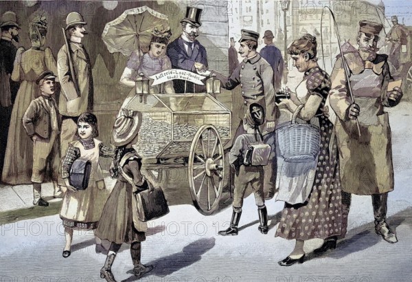 Sale of tickets, lottery tickets for the lottery in the streets of Berlin, Germany, illustration from 1894, reproduction, digitally enhanced, historical