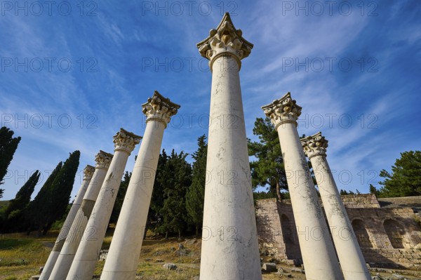 Ancient columns stretch under a clear blue sky, Temple of Apollo, Corinthian Columns, Asklipion, Asklepieion, Healing Temple, Temple, Hippocrates, Kos, Dodecanese, Greek Islands, Greece