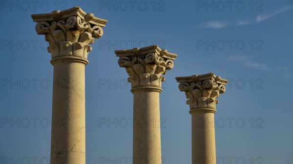 Three ornate ancient columns rising against the blue sky, Temple of Apollo, Corinthian Columns, Asklipion, Asklepieion, Healing Temple, Temple, Hippocrates, Kos, Dodecanese, Greek Islands, Greece