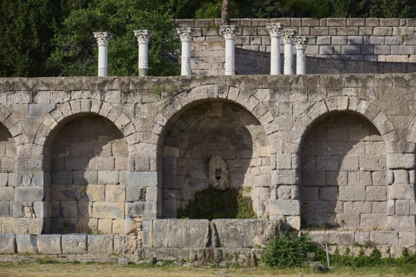 Three walkways with columns above, surrounded by wooded nature, Arcade, Lower Terrace, Pan, Asklipion, Asklepieion, Healing Temple, Temple, Hippocrates, Kos, Dodecanese, Greek Islands, Greece