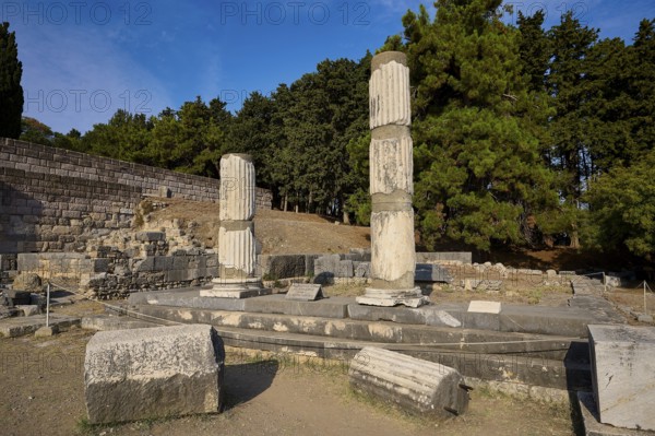 Two damaged columns stand in a historic site surrounded by trees, Asklepios Temple, Asklipion, Asklepieion, Healing Temple, Temple, Hippocrates, Kos, Dodecanese, Greek Islands, Greece