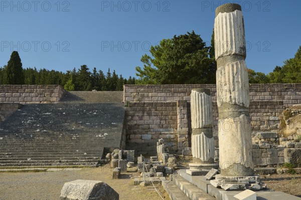 Ruins with broken columns and stone steps under a blue sky, Asklepios Temple, Asklipion, Asklepieion, healing temple, temple, Hippocrates, Kos, Dodecanese, Greek Islands, Greece
