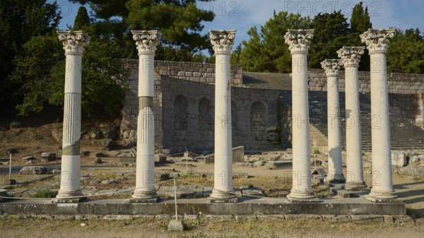 Ancient columns stand in front of a complex of ruins, surrounded by nature and sky, Temple of Apollo, Corinthian Columns, Asklipion, Asklepieion, Healing Temple, Temple, Hippocrates, Kos, Dodecanese, Greek Islands, Greece