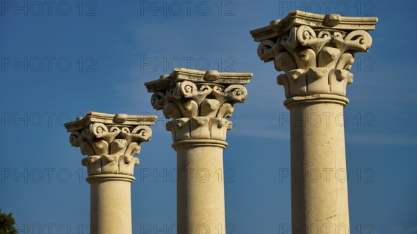 Three ancient columns with ornate capitals against a clear blue sky, Temple of Apollo, Corinthian Columns, Asklipion, Asklepieion, Healing Temple, Temple, Hippocrates, Kos, Dodecanese, Greek Islands, Greece