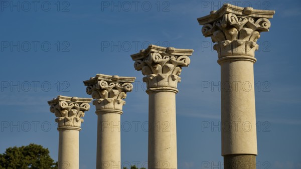 Four ancient columns with ornate capitals against a backdrop of a clear sky, Temple of Apollo, Corinthian Columns, Asklipion, Asklepieion, Temple of Healing, Temple, Hippocrates, Kos, Dodecanese, Greek Islands, Greece