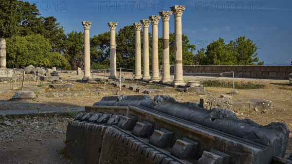 View of ancient ruins with columns in a historical setting under a clear sky, Temple of Apollo, Corinthian Columns, Asklipion, Asklepieion, Healing Temple, Temple, Hippocrates, Kos, Dodecanese, Greek Islands, Greece