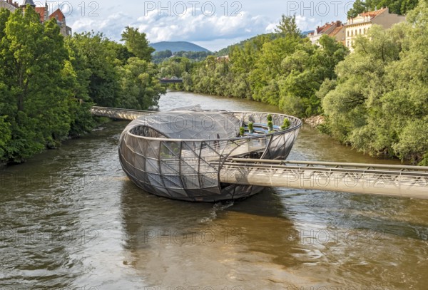 Murinsel floating island on the river Mur, Graz, Austria