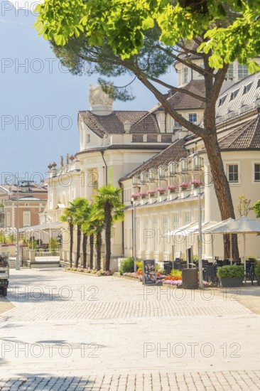 Picturesque street lined with palm trees and inviting café, classic buildings in the background, Merano, Italy