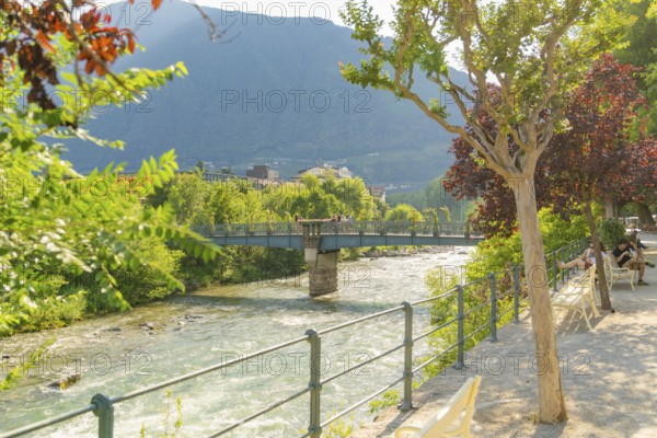 Scenic promenade with a view of a river and a bridge, flanked by trees, Merano, Italy