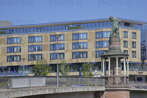 Sculpture raftsman by Rob Krier 1989, monument to the historical tradition of rafting on the river Enz, temple, large sculpture, Auerbrücke, Pforzheim, Northern Black Forest, Black Forest, Baden-Württemberg, Germany