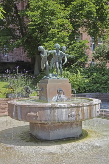 Three-river fountain by Emil Salm 1935 as a symbol of the three-river city, three, rivers, city, bronze sculpture, verdigris, fountain, Blumenhof, Pforzheim, Northern Black Forest, Black Forest, Baden-Württemberg, Germany