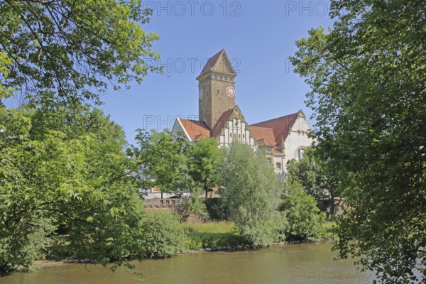 Former Emma-Jaeger-Bad, swimming pool built in 1911 in Art Nouveau style on the River Enz, today's Emma Creative Centre, bank, tower, Pforzheim, Northern Black Forest, Black Forest, Baden-Württemberg, Germany