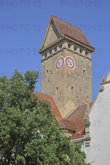 Tower with clock from the former Emma-Jaeger-Bad, swimming pool built in 1911 in Art Nouveau style, today's Emma Creative Centre, Pforzheim, Northern Black Forest, Black Forest, Baden-Württemberg, Germany