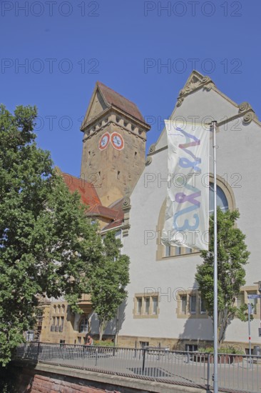 Former Emma-Jaeger-Bad, swimming pool built in 1911 in Art Nouveau style, today's Emma Creative Centre, flag with inscription, tower, Pforzheim, Northern Black Forest, Black Forest, Baden-Württemberg, Germany