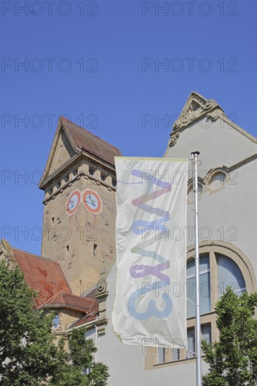 Former Emma-Jaeger-Bad, swimming pool built in 1911 in Art Nouveau style, today's Emma Creative Centre, flag with inscription, tower, Pforzheim, Northern Black Forest, Black Forest, Baden-Württemberg, Germany