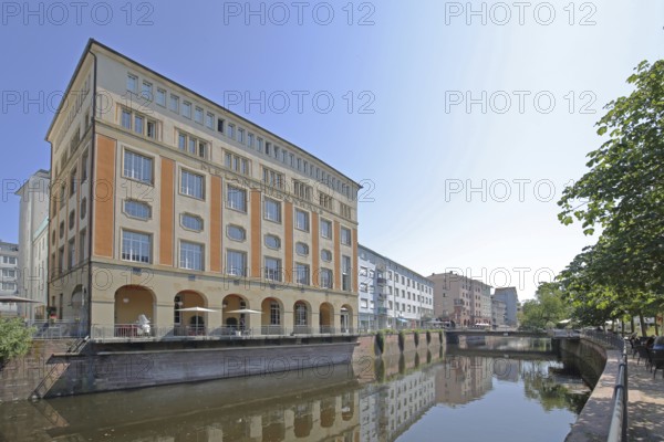 Melanchthonhaus with arcade built in 1914, reflection, Enz, bank, Rossbrücke, bridge, Pforzheim, Northern Black Forest, Black Forest, Baden-Württemberg, Germany