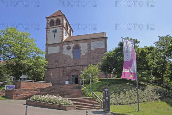 Late Gothic castle church with staircase and flag with inscription open church, St Michael, collegiate church, Pforzheim, Northern Black Forest, Black Forest, Baden-Württemberg, Germany