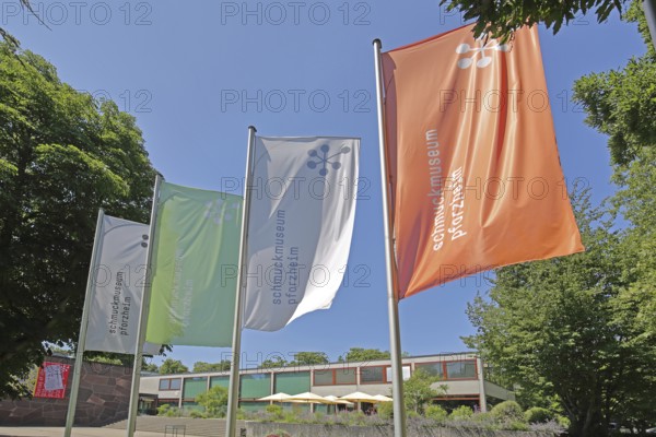 Flags with inscription Jewellery Museum, Reuchlinhaus, Pforzheim, Northern Black Forest, Black Forest, Baden-Württemberg, Germany