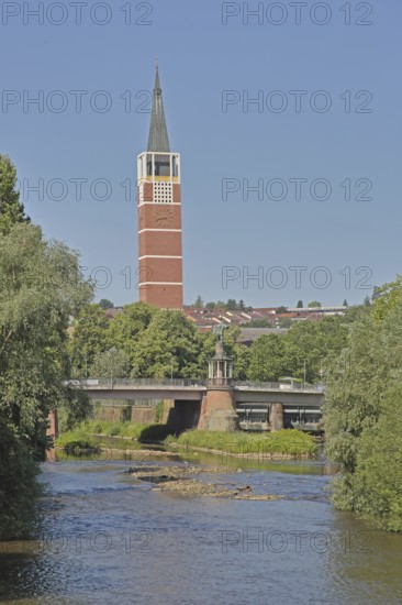 Town church built in 1968 and Auerbrücke bridge with rafters' monument over the River Enz, Pforzheim, Northern Black Forest, Black Forest, Baden-Württemberg, Germany