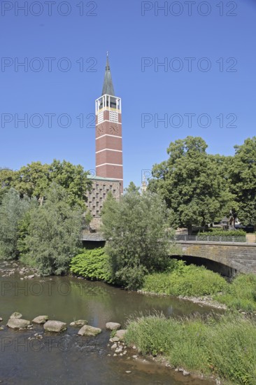 City church built in 1968 on the River Enz, Pforzheim, Northern Black Forest, Black Forest, Baden-Württemberg, Germany