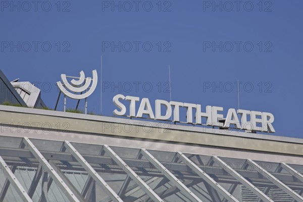 Roof with white inscription city theatre, modern building, emblem, cut-out, detail, Waisenhausplatz, Pforzheim, Northern Black Forest, Black Forest, Baden-Württemberg, Germany