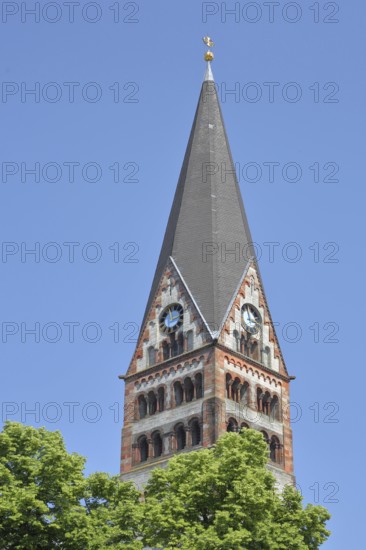 Church tower of the Herz-Jesu-Kirche built in 1894, Ettlingen, Black Forest, Northern Black Forest, Baden-Württemberg, Germany