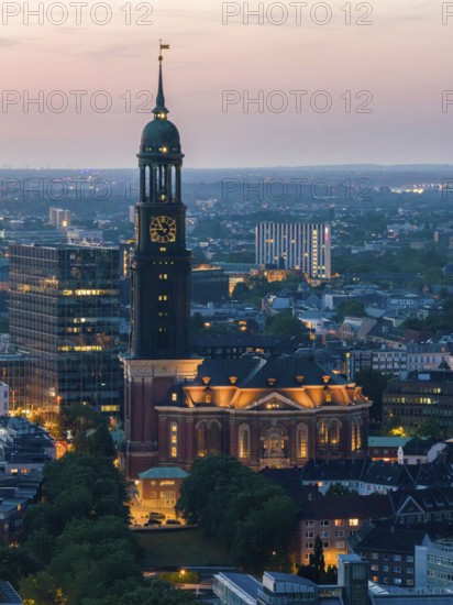 Aerial view of St Michael's Church (Michel) at sunset, Hamburg, Germany