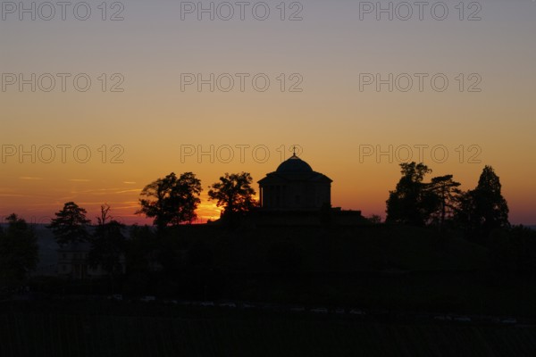 Silhouette of a chapel with trees in the sunset, quiet and peaceful atmosphere, Zum Württemberg, grave chapel, Rotenberg district, Stuttgart, Baden-Württemberg, Germany