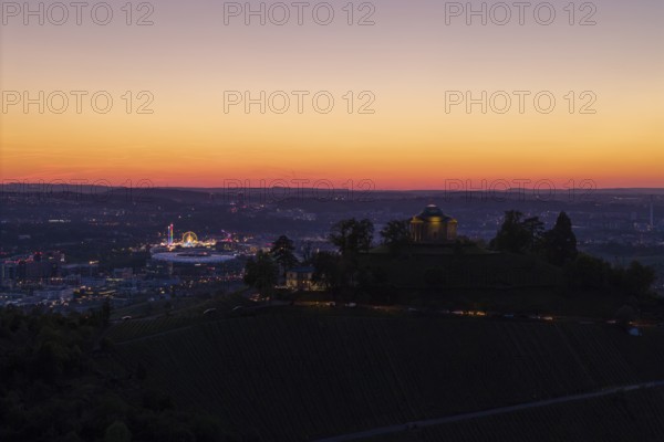 Evening atmosphere with chapel and city lights, silhouette of the vineyards at sunset, grave chapel, spring festival, Zum Württemberg, Rotenberg district, Stuttgart, Baden-Württemberg, Germany