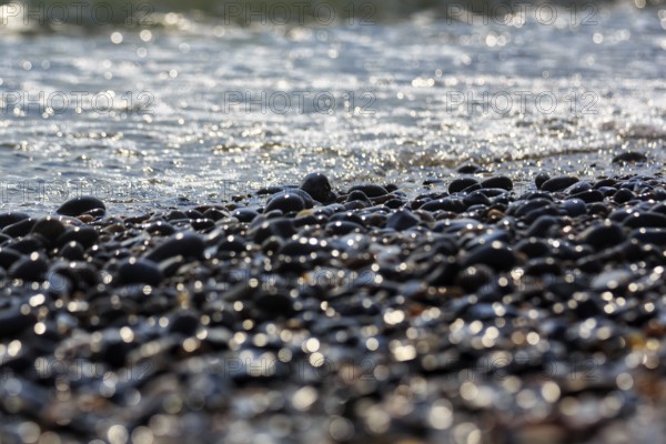 Shiny pebbles on the beach illuminated by the sun, sparkling lights, bokehballs, Insel Düne, Heligoland, Schleswig-Holstein, Germany