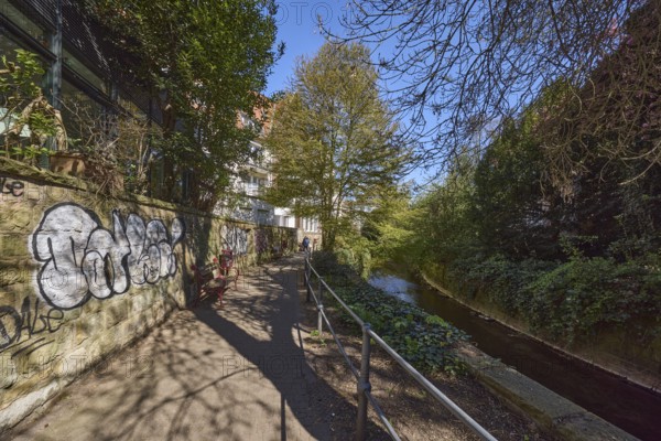 Footpath, sandstone wall, graffiti, metal railing, river Münstersche Aa, trees, bushes, shadow, blue cloudless sky, Schwester-Laudeberta-Weg, Münster, Münsterland, independent city, North Rhine-Westphalia, Germany