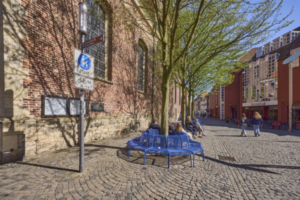 Pedestrian zone, traffic sign, benches, trees, brick building, facade, seated persons as secondary motif, blue cloudless sky, Salzstraße, Münster, Münsterland, independent city, North Rhine-Westphalia, Germany