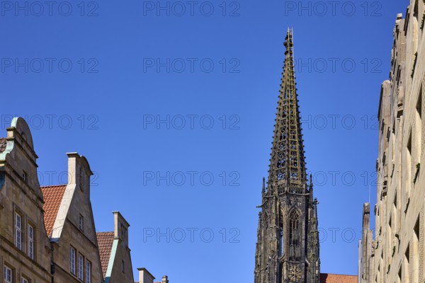 St. Lamberti, Lamberti Church, church tower, Gothic architecture, installation, ladder to heaven, artist Billi Thanner, gable, blue cloudless sky, Prinzipalmarkt, Münster, Münsterland, independent city, North Rhine-Westphalia, Germany