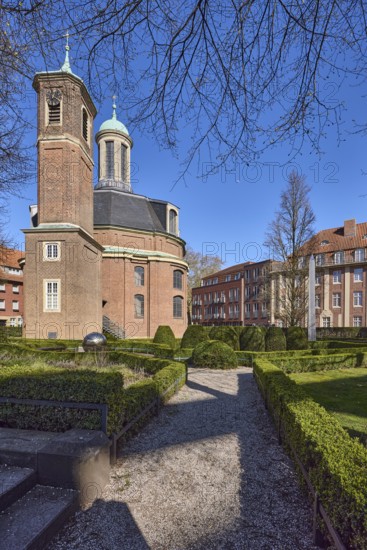 Clemenskirche, church, Baroque architectural style, architect Johann Conrad Schlaun, gardens, trees, lawn, paths, hedge, general architecture, blue cloudless sky, An der Clemenskirche, Münster, Münsterland, independent city, North Rhine-Westphalia, Germany
