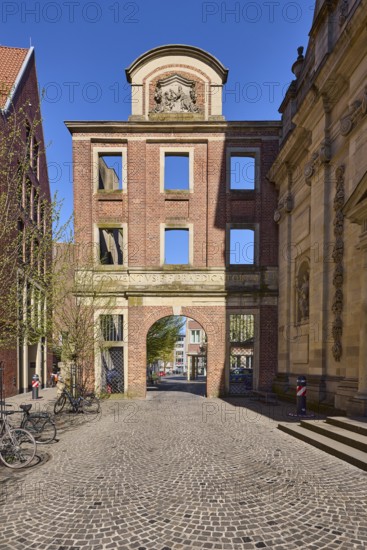 Former Dominican Church, Old Town, church, Baroque architectural style, convent building, ruin, pavement of cobblestones, blue cloudless sky, Julius-Voos-Gasse, Münster, Münsterland, independent city, North Rhine-Westphalia, Germany