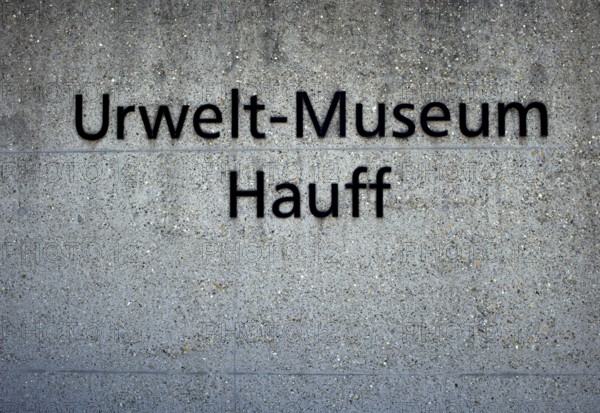 Entrance, lettering, Urwelt-Museum Hauff, Museum, Holzmaden, Baden-Württemberg, Germany