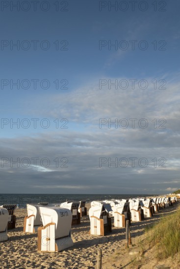 Beach chairs, evening light, Baltic Sea, Baltic seaside resort, Kühlungsborn, Rostock district, Mecklenburg-Western Pomerania, Germany