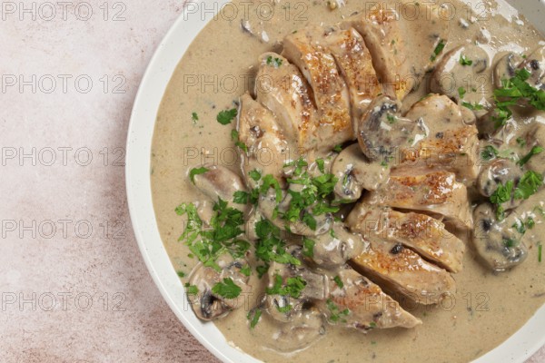 Chicken in cream sauce with mushrooms, on a plate, no people
