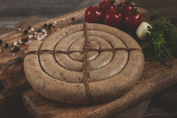 Raw spiral sausages, on a wooden board, top view, no people