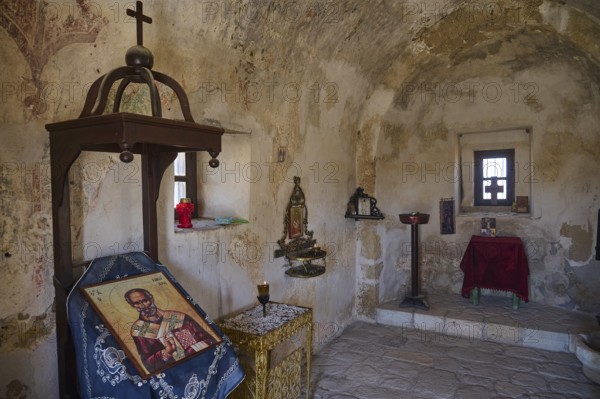 Interior view of a small chapel with icons and religious symbols on the wall, Agios Nikolaos Chapel, Antimacheia, Medieval Fortress, St John's Fortress, Antimachia, Kos, Dodecanese, Greek Islands, Greece