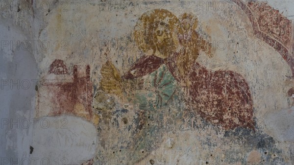 Faded fresco of a sacred figure on the wall of an ancient building, Chapel of Agios Nikolaos, Antimacheia, Medieval Fortress, St John's Fortress, Antimachia, Kos, Dodecanese, Greek Islands, Greece