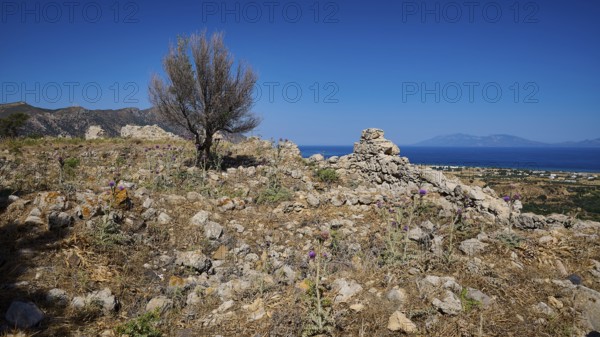 Stony landscape with ruins and unobstructed views of the sea and mountains, Kardamina, Antimacheia, Medieval fortress, St John's fortress, Antimachia, Kos, Dodecanese, Greek Islands, Greece
