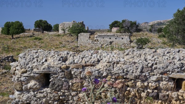 Ancient masonry with surrounding nature and view of ruins, Antimacheia, Medieval fortress, St John's fortress, Antimachia, Kos, Dodecanese, Greek Islands, Greece