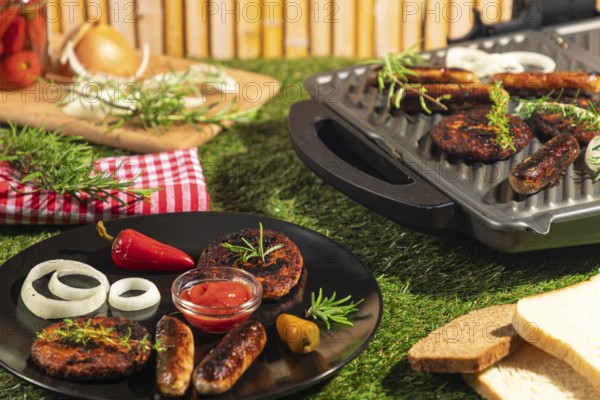 Grilled food on a plate with ketchup, pepperoni and bread on a green lawn